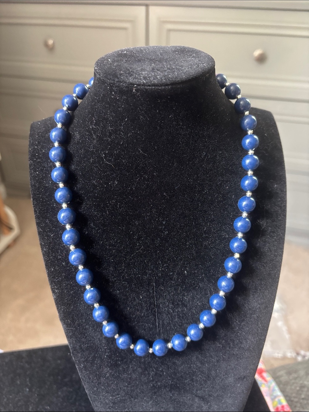 Lapis Blue Beaded silvertone Necklace -